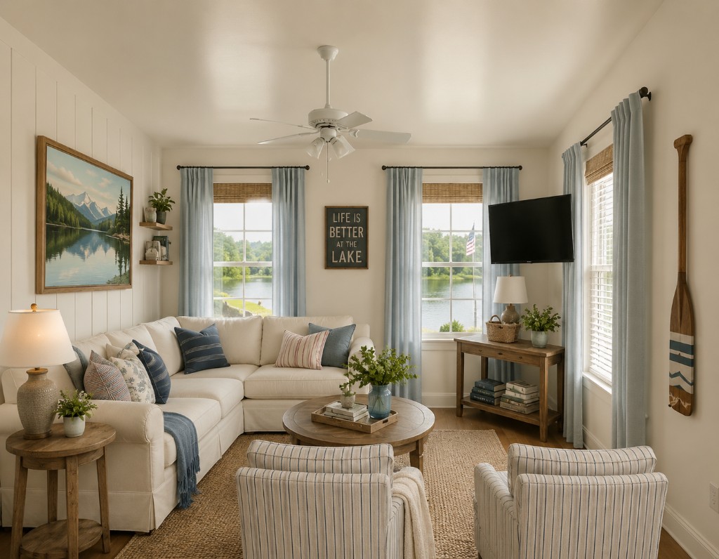 Bright lakefront cottage living room staged for guests