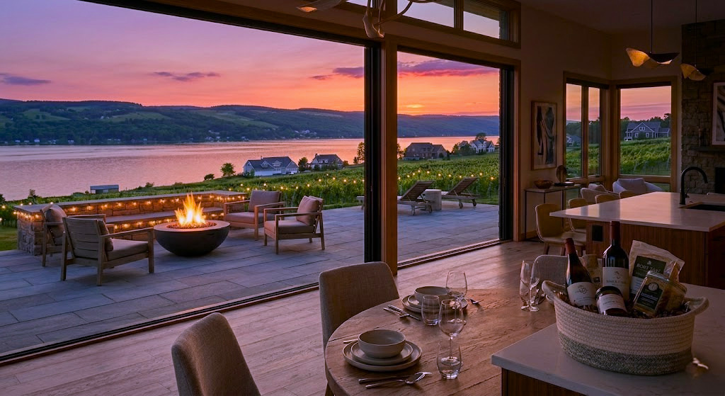 Luxury lakeside vacation rental at sunset with indoor-outdoor living space, fire pit, and vineyard views, Finger Lakes