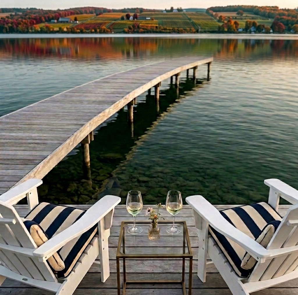 Lakefront dock with empty chairs overlooking the water, Finger Lakes