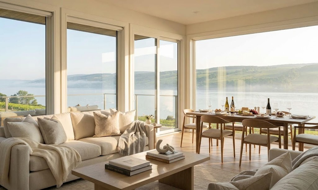 Living room overlooking the lake at a Finger Lakes vacation rental