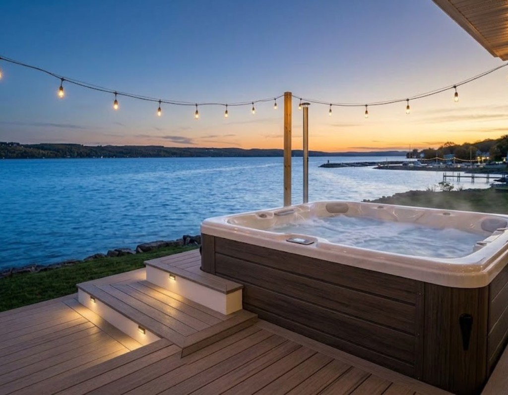 Lakeside hot tub at sunset with string lights
